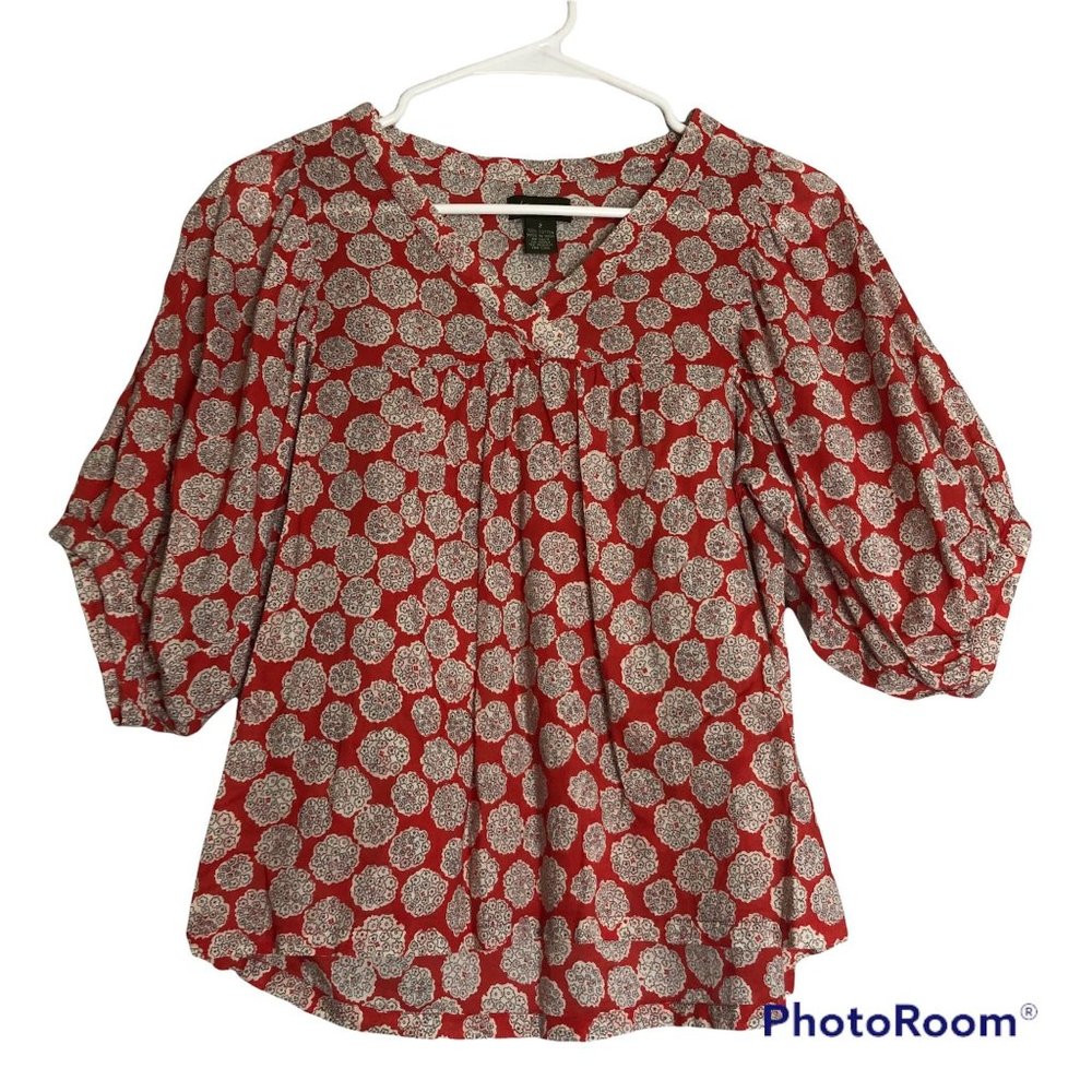 Fei Anthropologie Floral Short Sleeve Puff Sleeve Bohemian Blouse Red Size 2